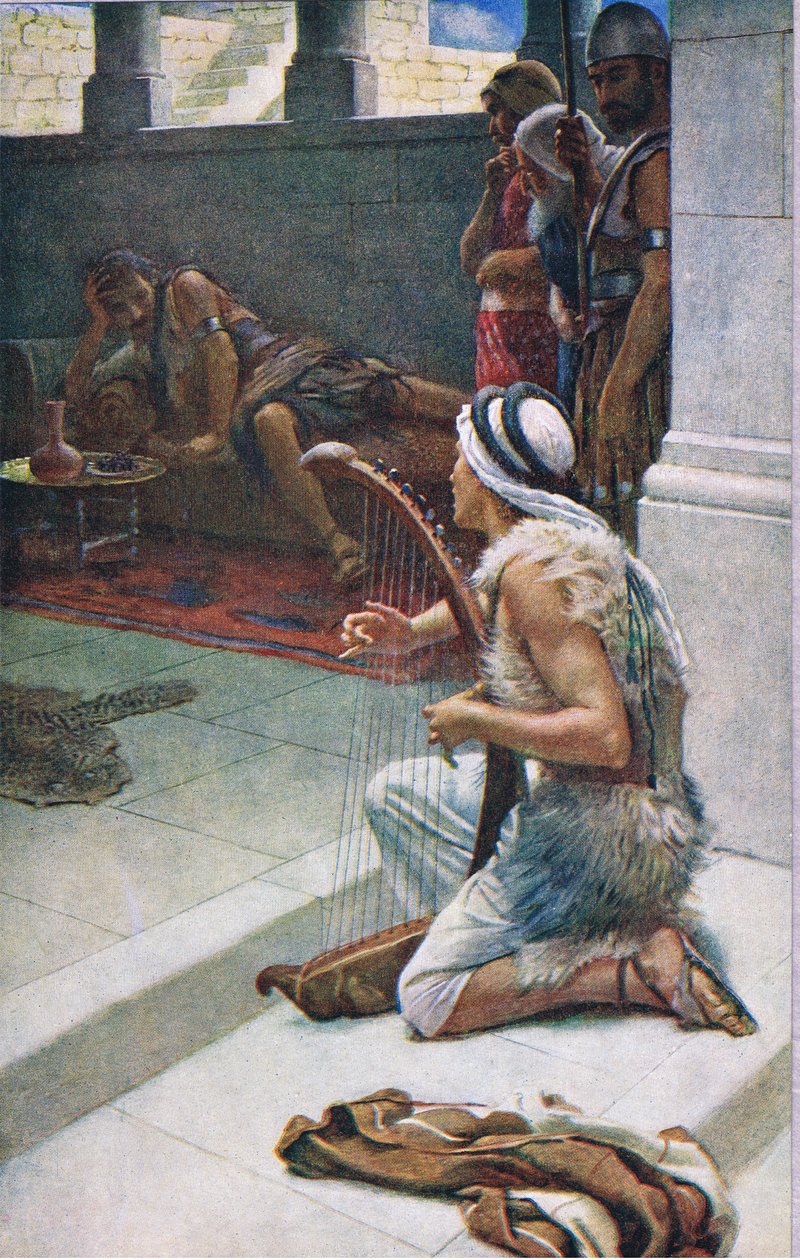 David jouant devant Saül, illustration de Pictures That Teach The Crown Series, 1920 - Harold Copping