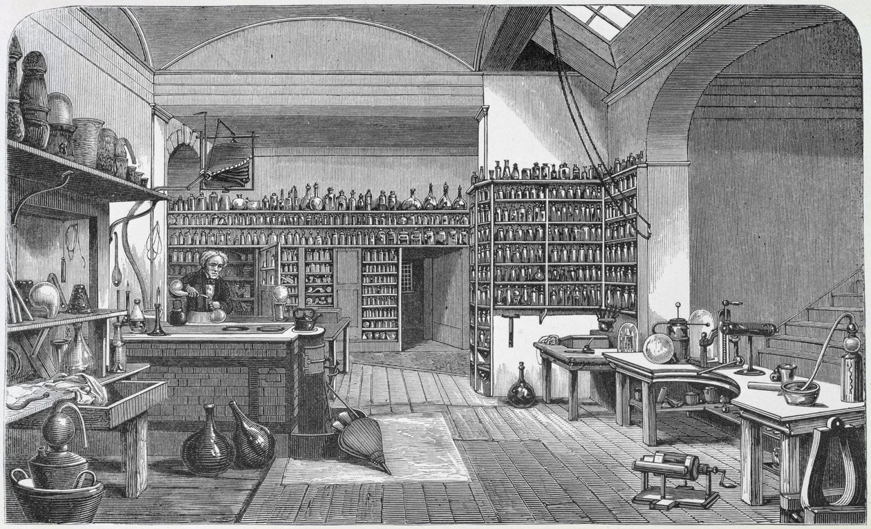 Michael Faraday (1791-1867) dans son laboratoire au sous-sol, d