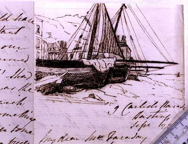 Vignette de bateaux de pêche à Hastings, croquis dans une lettre à Michael Faraday, 23 septembre 1853 (plume et encre sur papier) - Harriet Jane Moore
