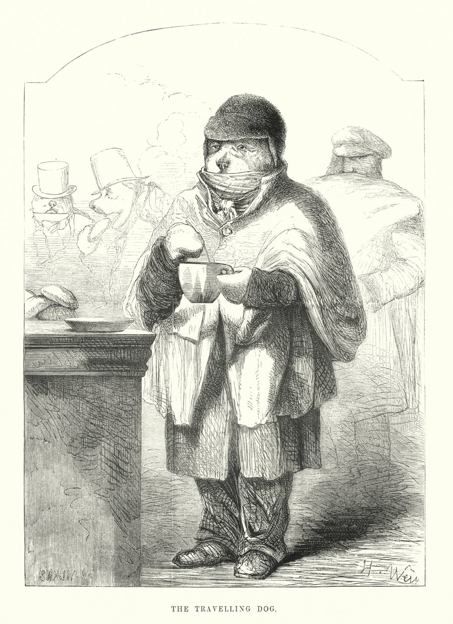 Drôles de chiens : Le chien voyageur (gravure) - Harrison William Weir