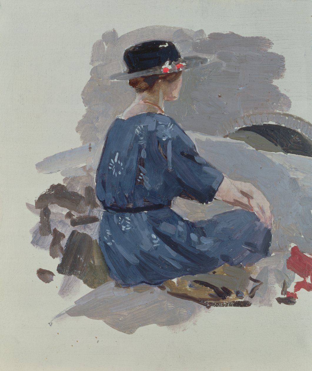 Femme en robe bleue et chapeau à large bord assise sur des rochers - Harry Watson