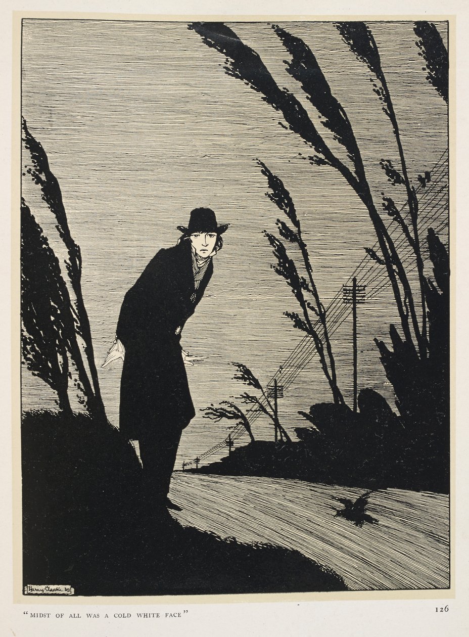 Noir et Blanc. Au milieu de tout cela, il y avait un visage blanc et froid. Un homme vêtu de noir; une rangée de poteaux télégraphiques. - Harry Clarke