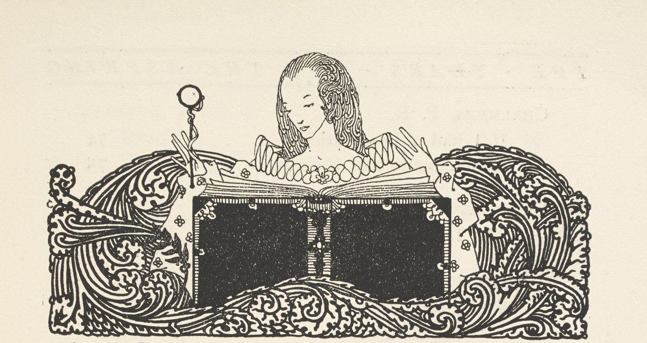 Illustration montrant une femme lisant un livre, en haut de la page de contenu - Harry Clarke