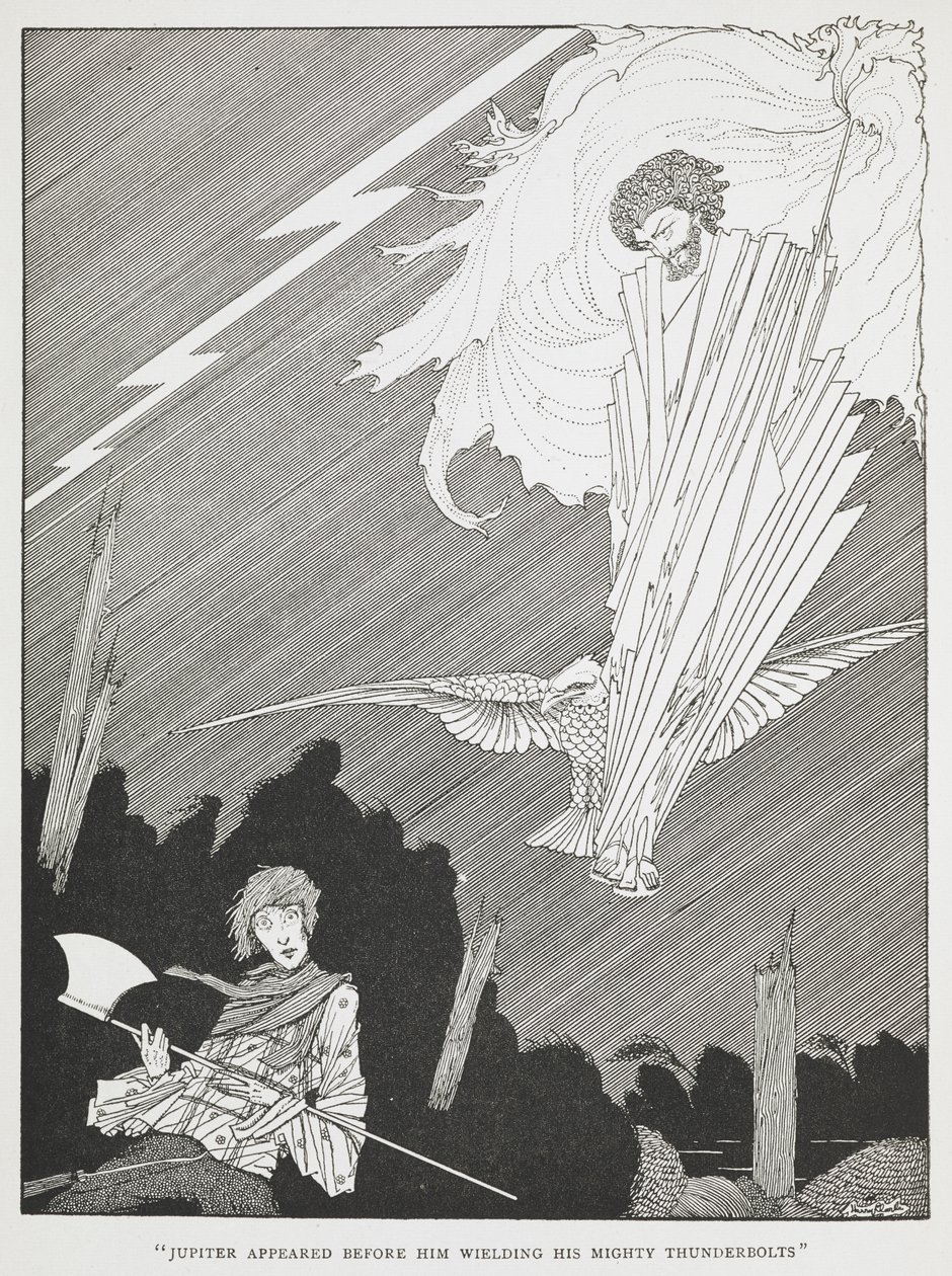"Jupiter apparut devant lui brandissant ses puissants éclairs." Illustration pour "les souhaits ridicules" - Harry Clarke
