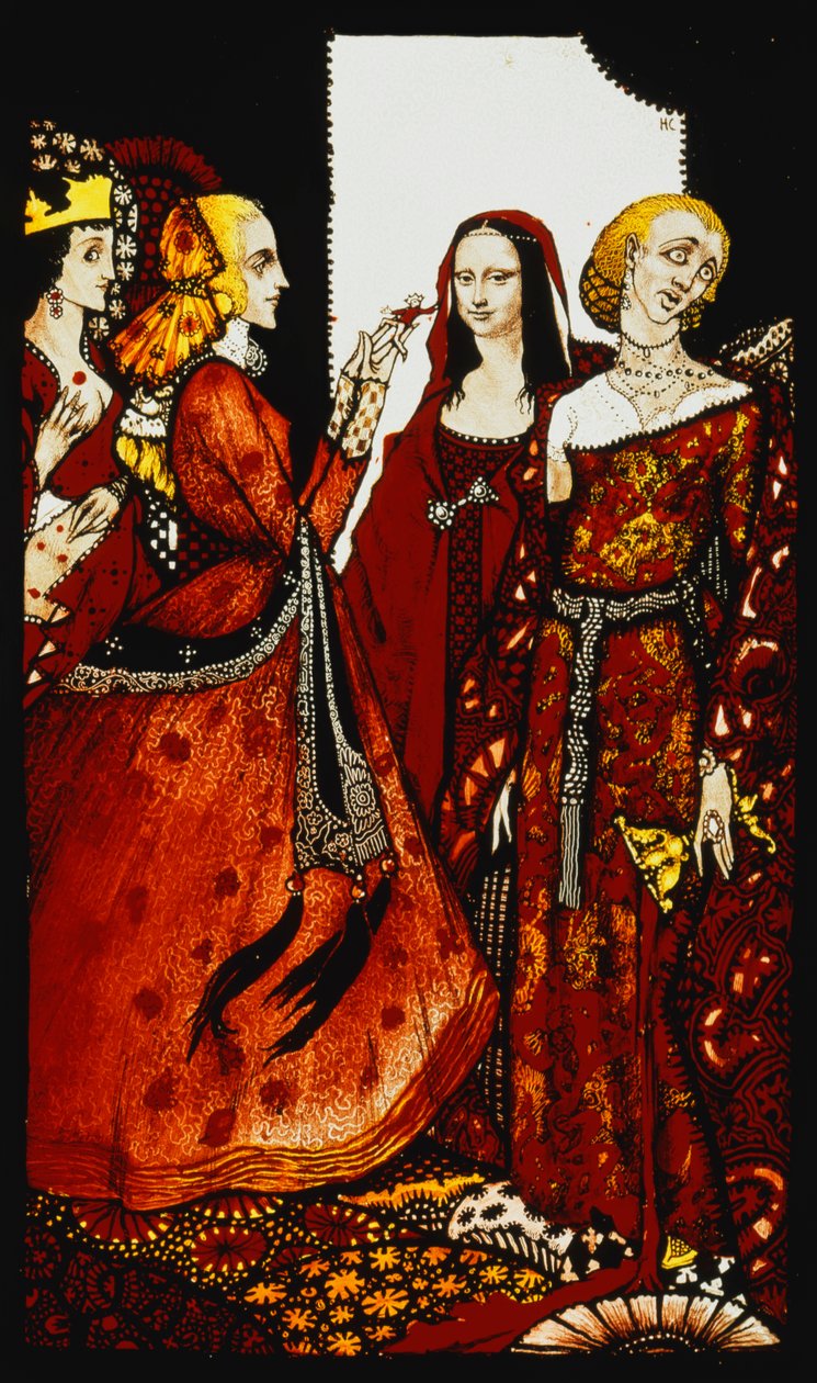 Reines dont le doigt autrefois excitait les hommes. "Reines", neuf panneaux de verre acides, teintés et peints, illustrant le poème de J.M. Synge, 1917 - Harry Clarke