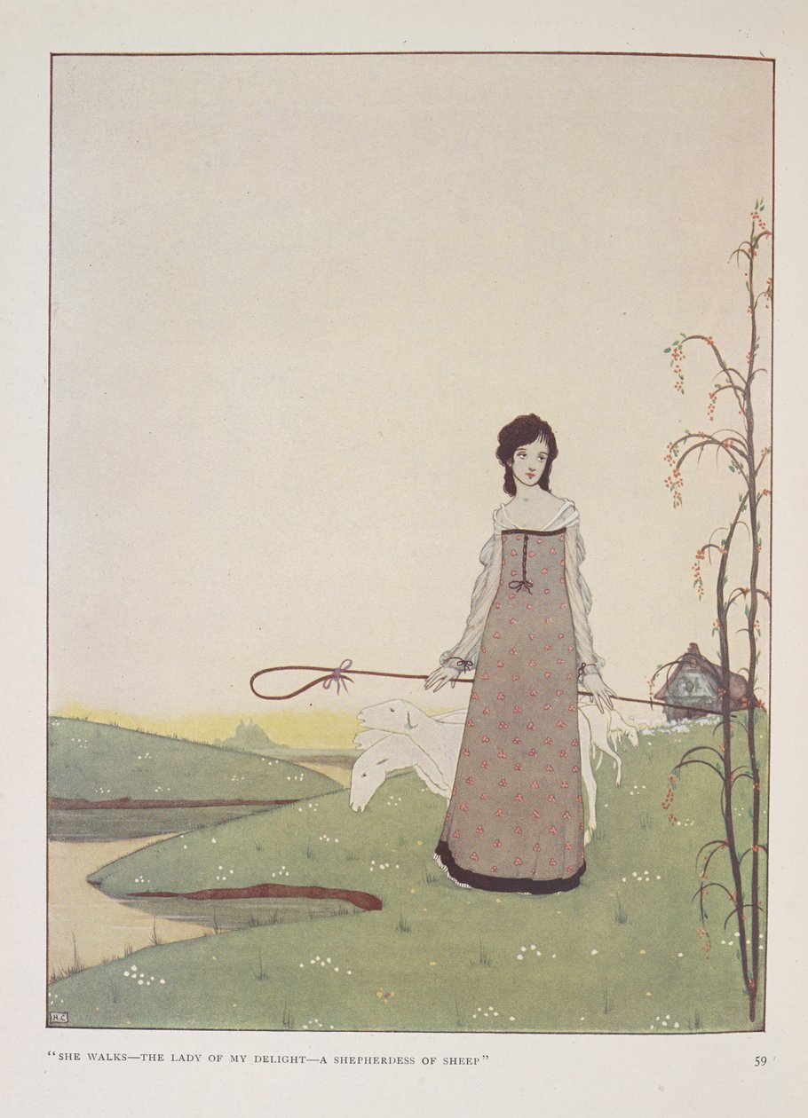 Elle marche - la dame de mon plaisir - une bergère de moutons. Illustration pour La bergère par Alice Meynell - Harry Clarke