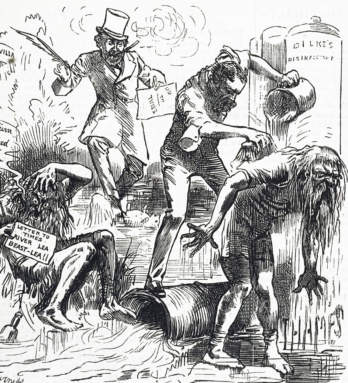 Caricature représentant les rivières Thames et Lea attaquées à cause de leur état de saleté - Harry Furniss