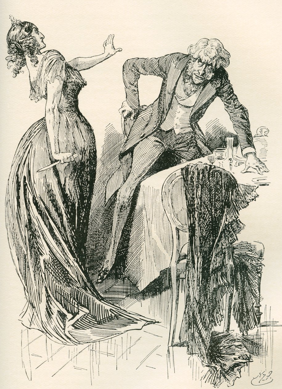 Edith et M. Carker. "Il venait gaiement vers elle, quand, en un instant, elle attrapa le couteau sur la table et recula d