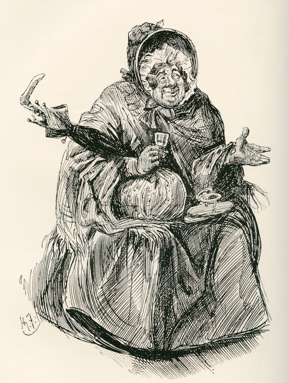 Mme Gamp. Illustration de Harry Furniss pour le roman de Charles Dickens Martin Chuzzlewit, de l