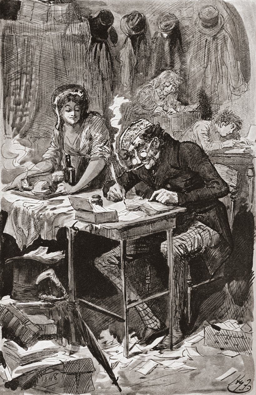 Le mendiant écrivain de lettres. Illustration de Harry Furniss pour le roman Great Expectations de Charles Dickens, de l