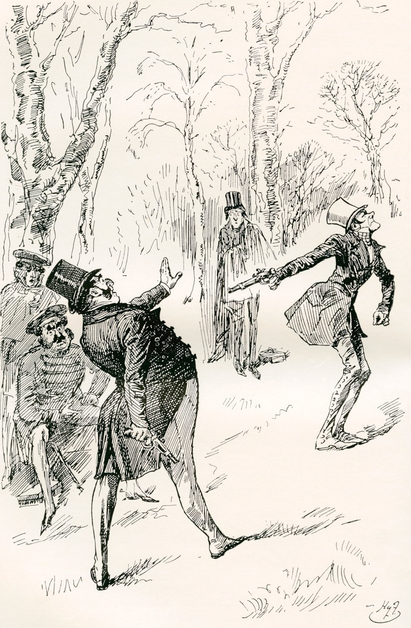 Le duel après le bal. "Les yeux de M. Winkle étant fermés, il ne put observer le comportement très extraordinaire et inexplicable du docteur Slammer. Ce gentleman regarda, se frotta les yeux, et, finalement, cria "Arrêtez, arrêtez ! ce n