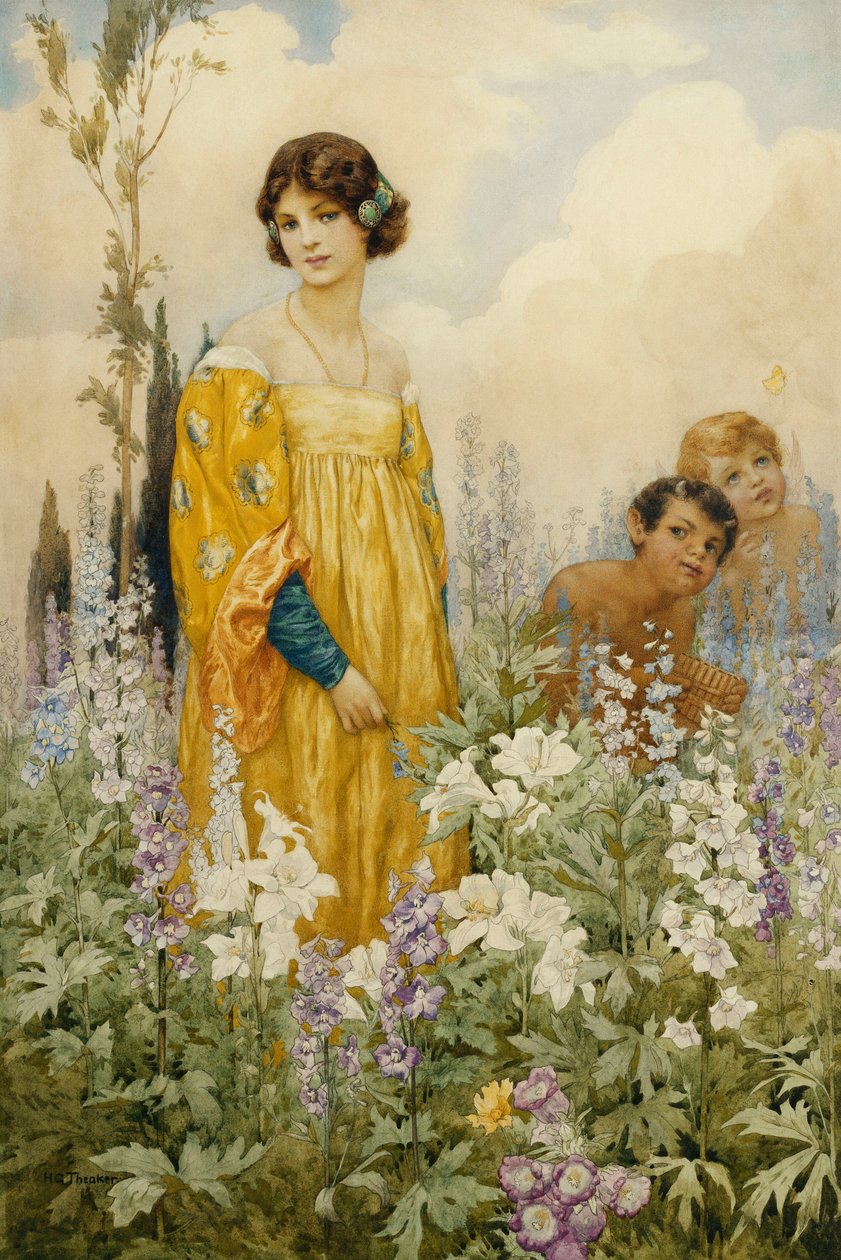 Une jeune fille avec Pan et Cupidon, dans un jardin sauvage (crayon et aquarelle sur papier) - Harry George Theaker