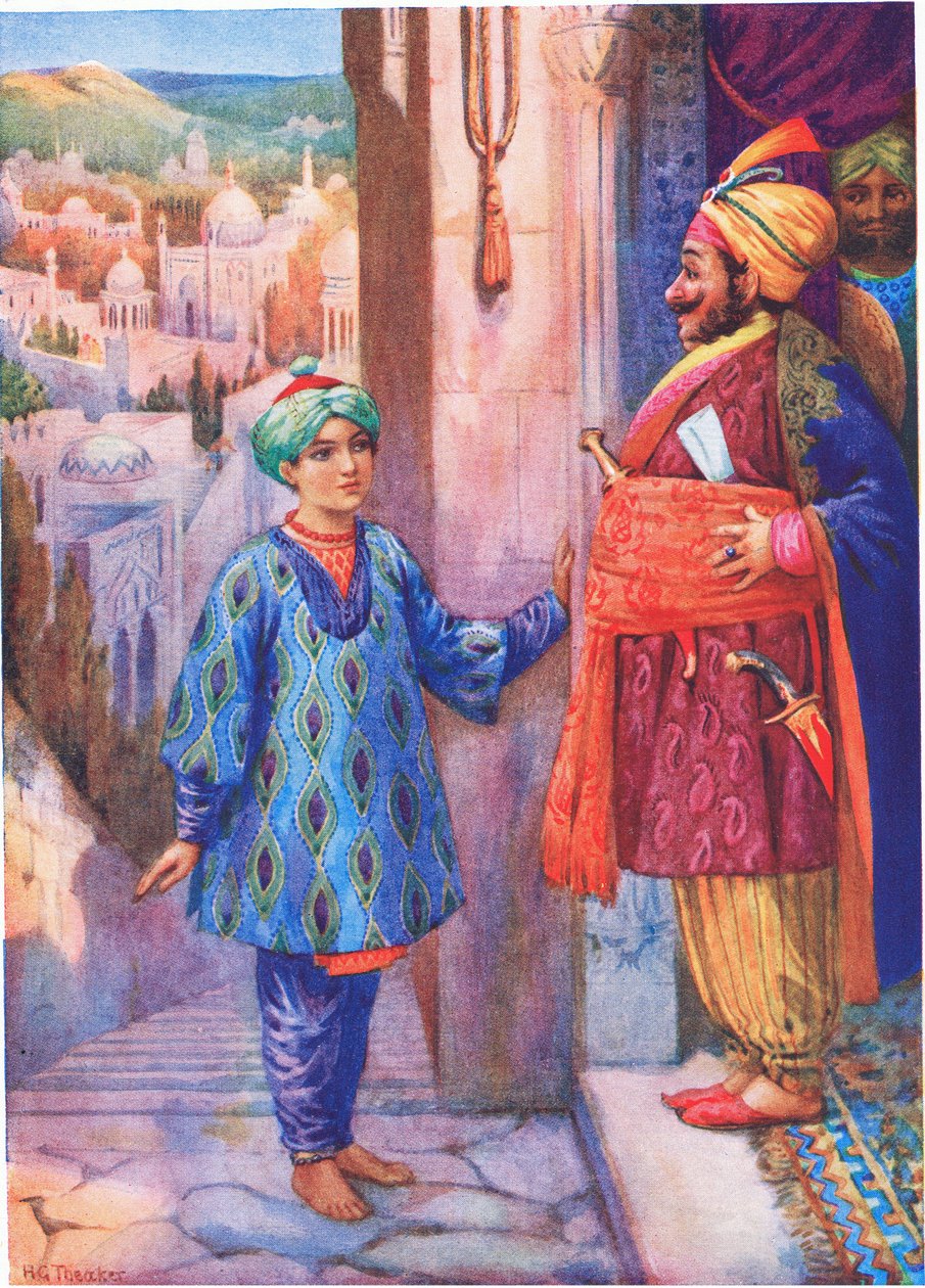 Il demande une audience au Grand Vizir. Extrait du garçon qui voyait les pas, illustration tirée de "Childrens Stories from Indian Legends", vers 1930 (lithographie en couleur). - Harry George Theaker