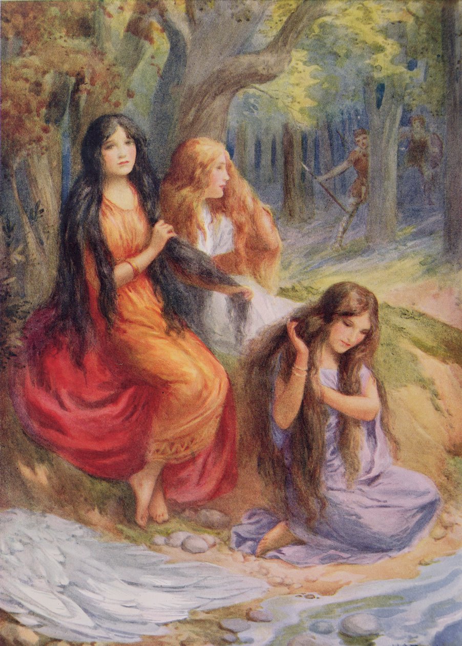 Hladgrun, Olrun et Alvit, illustration de "The Wayland Smith" dans "Northern Legends" par Raphael Tuck (pub) (lithographie couleur) - Harry George Theaker