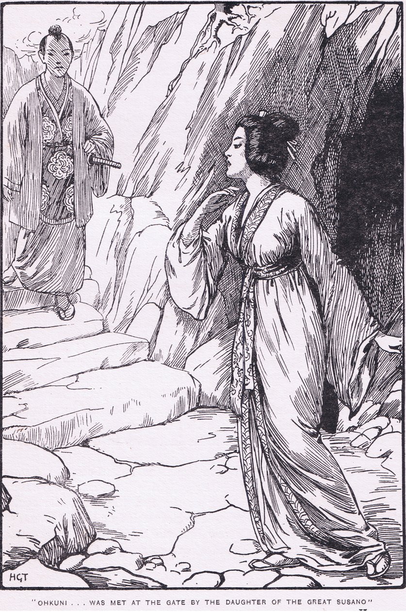 Okhuni est accueilli à la porte par la fille du grand Susano (de Susano et Ohkuni) (litho) - Harry George Theaker