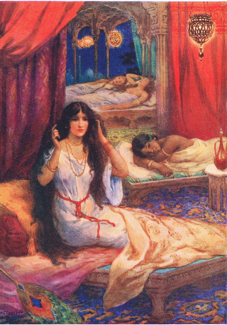 Pabhavati se réveilla en sursaut. Extrait du Prince au cœur dur, illustration tirée de "Childrens Stories from Indian Legends", vers 1930 (lithographie en couleur). - Harry George Theaker