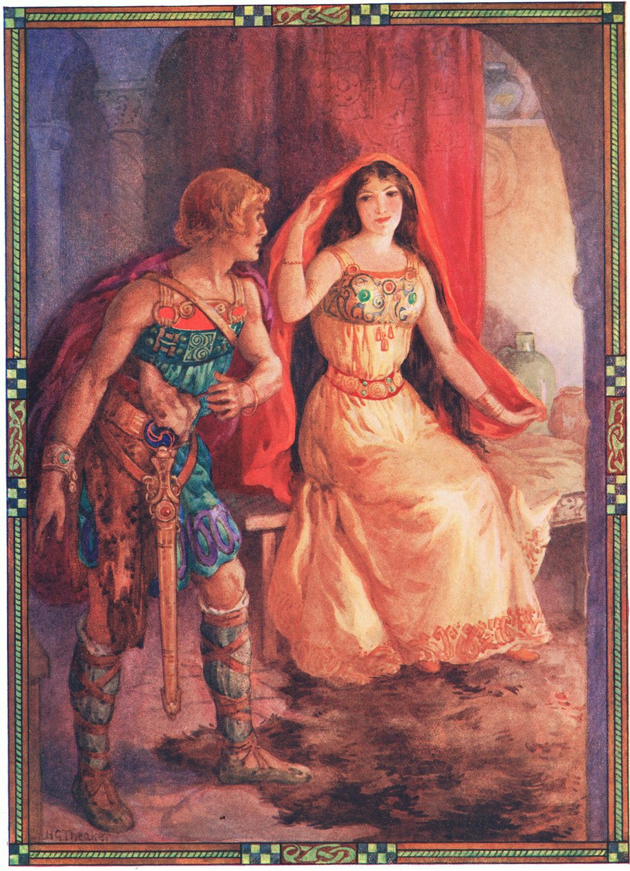 La dame se découvre le visage (extrait de The Loathly Lady and the Gallant Knight) (lithographie couleur) - Harry George Theaker