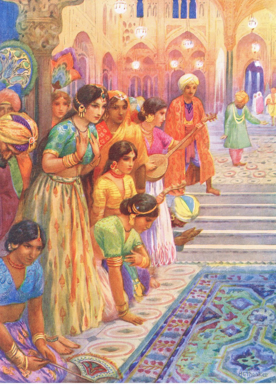 Le palais de Lac. Extrait de The Adventurous Brethren, illustration de "Childrens Stories from Indian Legends", vers 1930 (lithographie couleur) - Harry George Theaker