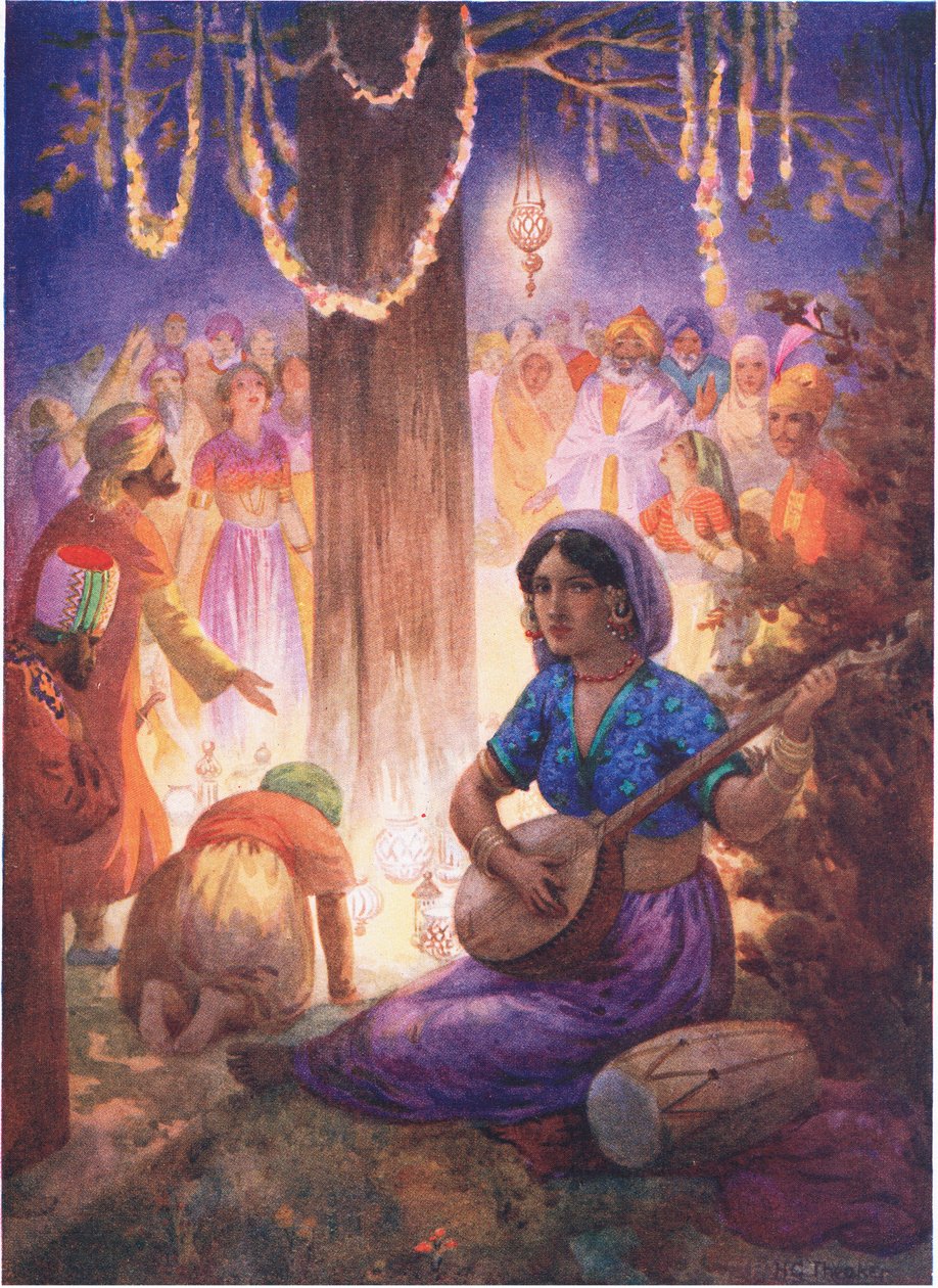 Ils venaient avec des guirlandes, des lampes et de la musique. De la colonne des rois, illustration tirée de "Childrens Stories from Indian Legends", vers 1930 (lithographie en couleur) - Harry George Theaker