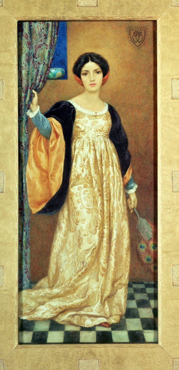 Femme avec un éventail de paon (aquarelle) - Harry George Theaker