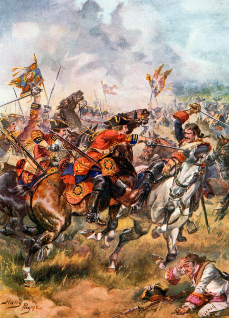 Charge des troisièmes dragons. Bataille de Dettingen (lithographie couleur) - Harry Payne