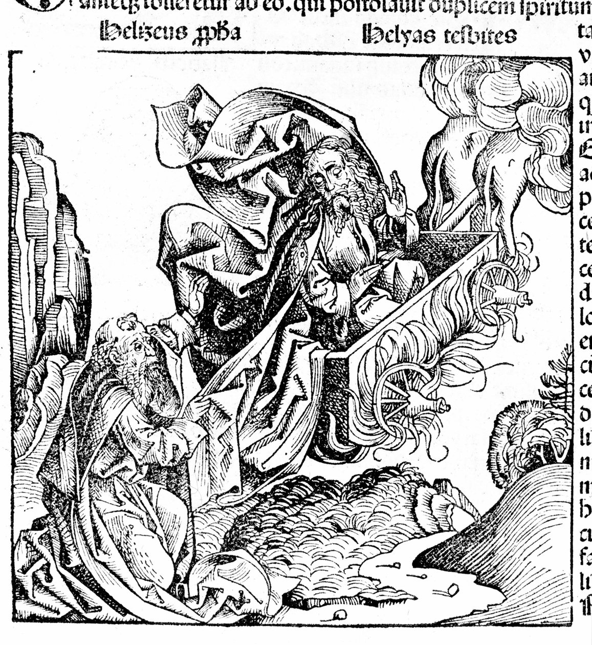 Élie monte dans un char de feu, laissant son domaine à Élisée. Hartmann Schedel : Chronique de Nuremberg. Nuremberg 1497 - Hartmann Schedel