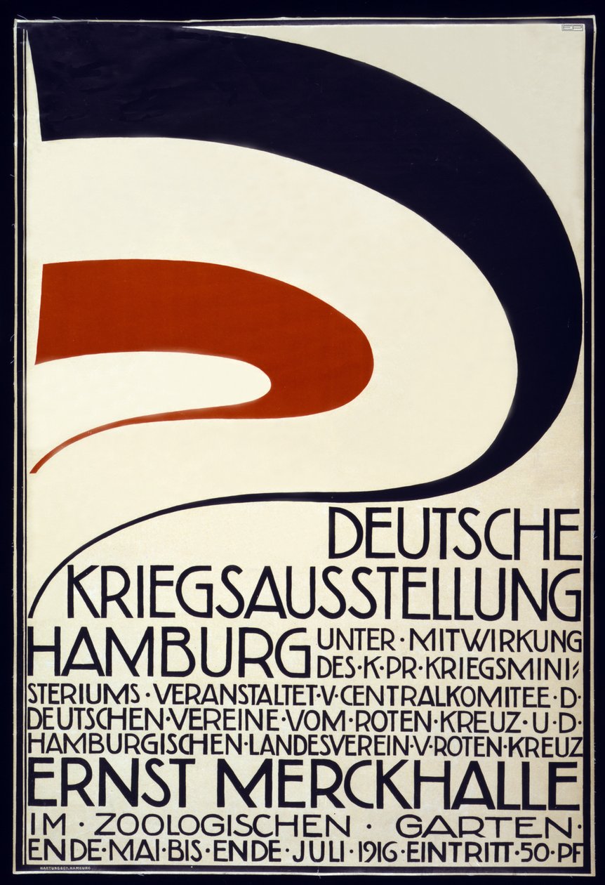 Affiche publicitaire pour une exposition de guerre parrainée par la Croix-Rouge Deutsche Kriegsausstellung, Hambourg mai - juillet 1916 - Hartung and Co.