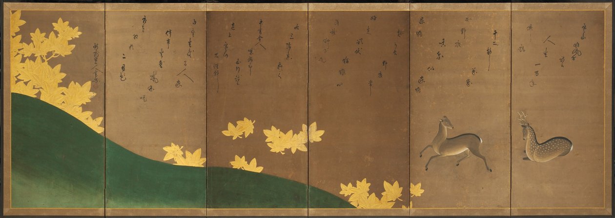 Cerf avec des érables, vers 1605-10 (paravent à six panneaux : encre, couleur et or sur papier) - Hasagawa & Sodon Tetsuzan (1531 1617) (attr.) Tohaku
