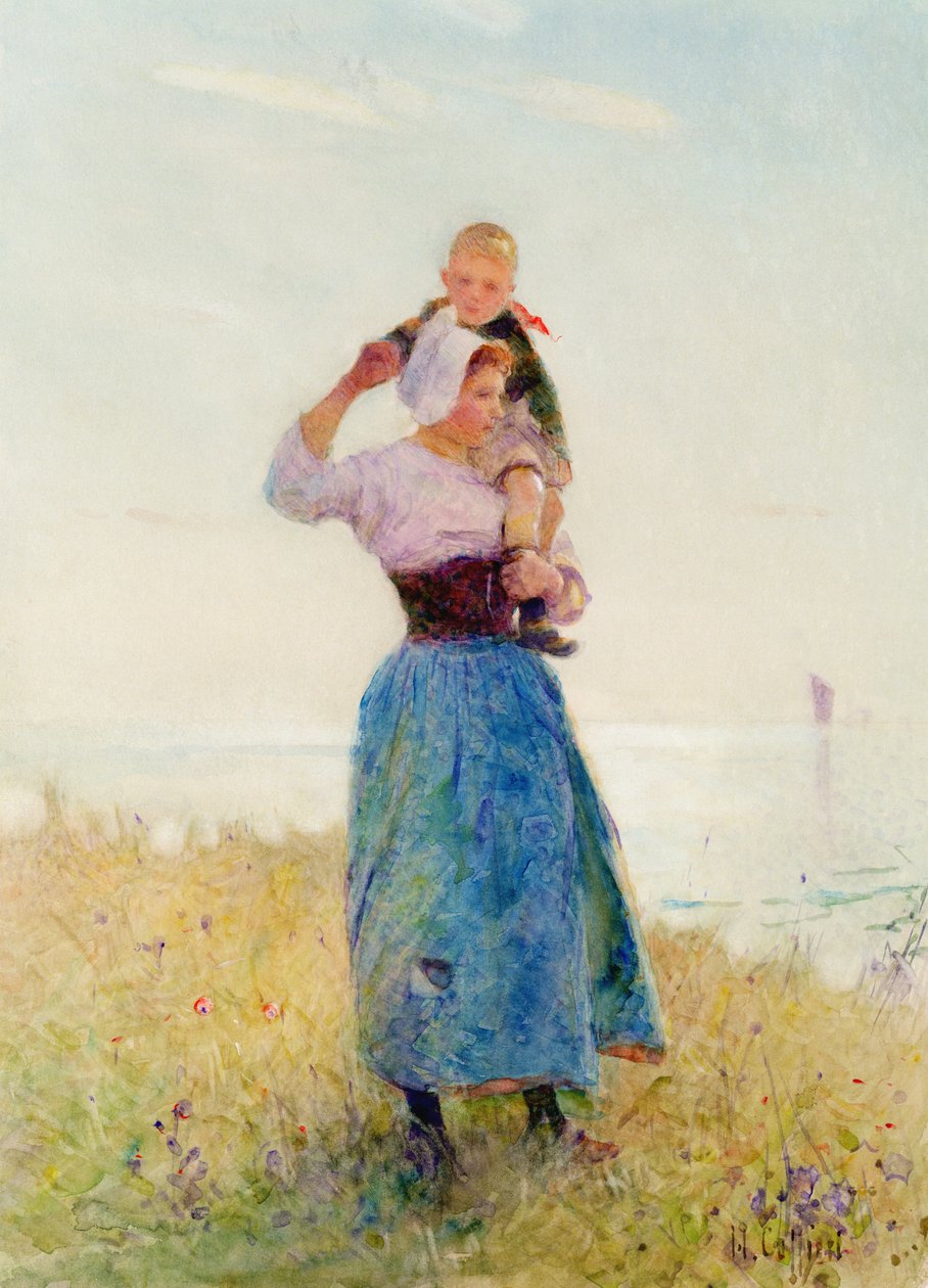 Femme et enfant dans un pré - Hector Caffieri