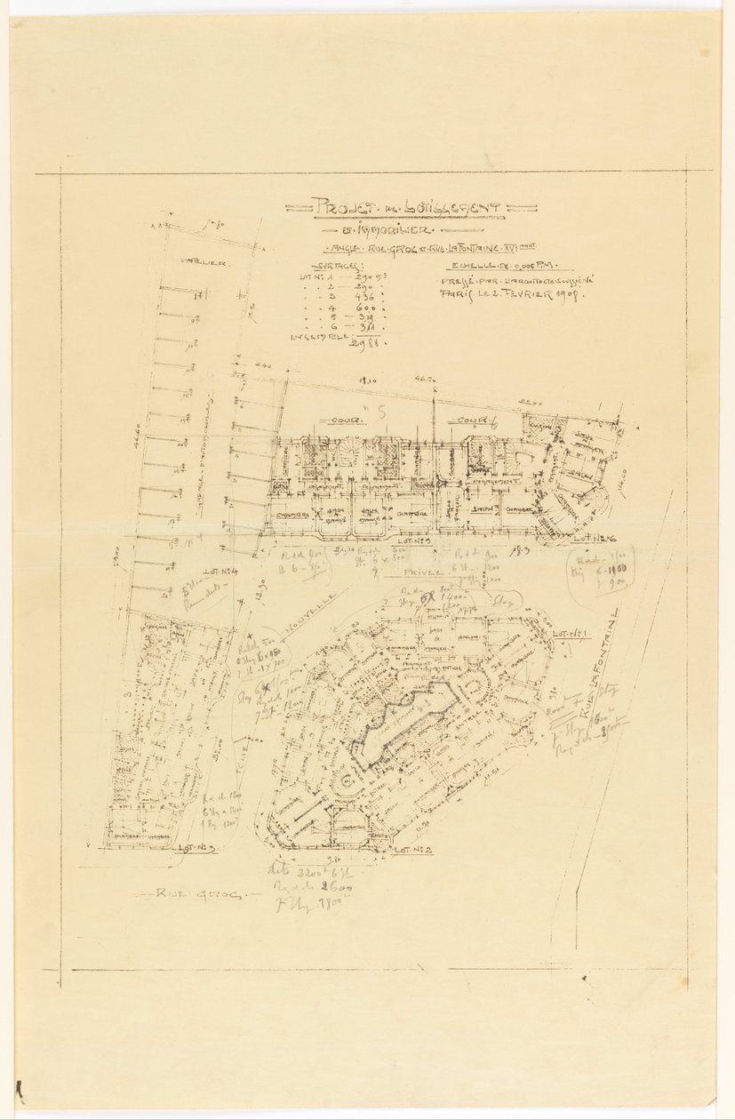 Plan, Projet de Lotissement, rue Gros et rue de la Fontaine, Paris - Hector Guimard