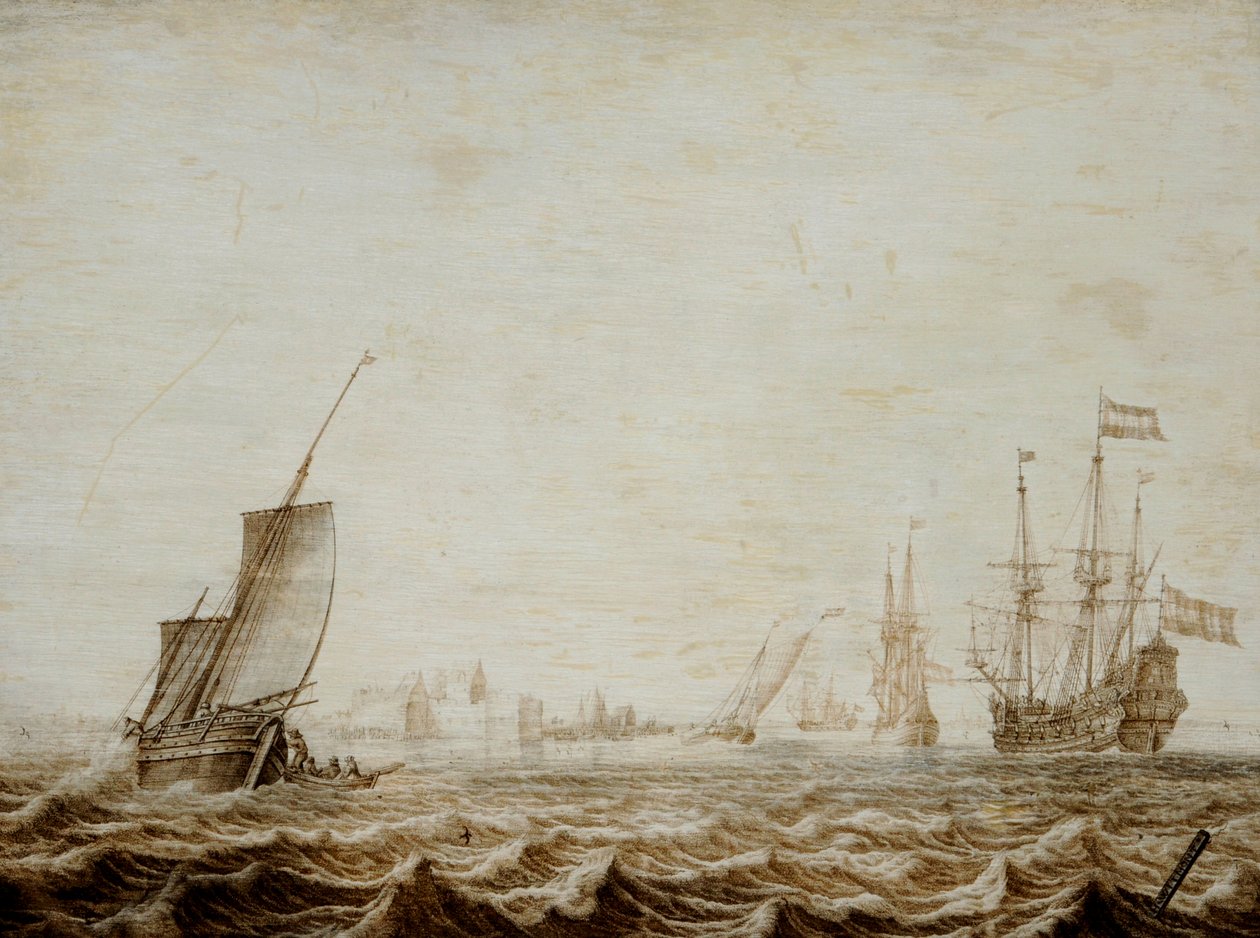 Un Wijdschip abaissant la voile dans une mer agitée, milieu du 17ème siècle - Heerman Witmont