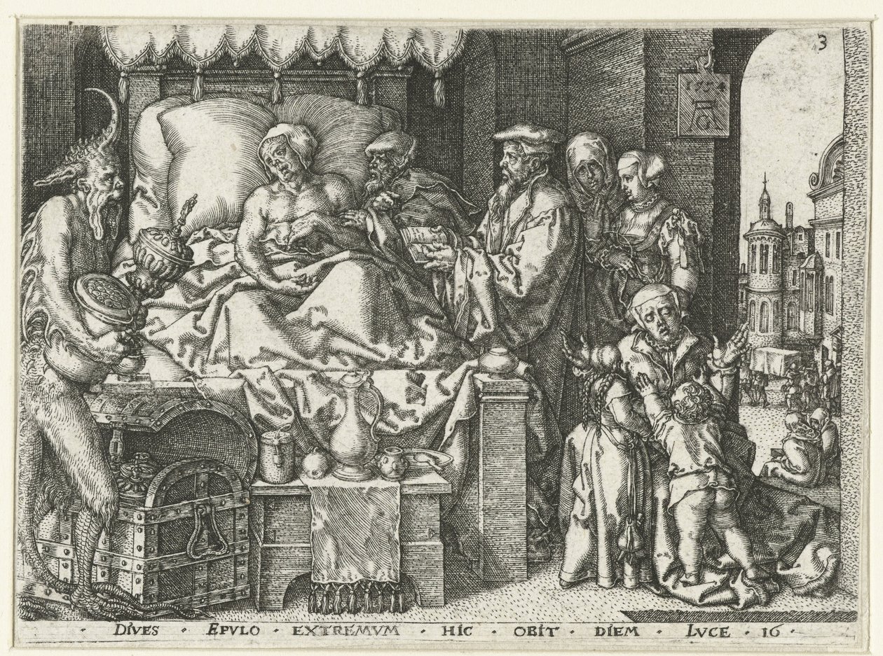 Le riche homme sur son lit de mort (Parabole de Lazare et le riche homme) - Heinrich Aldegrever