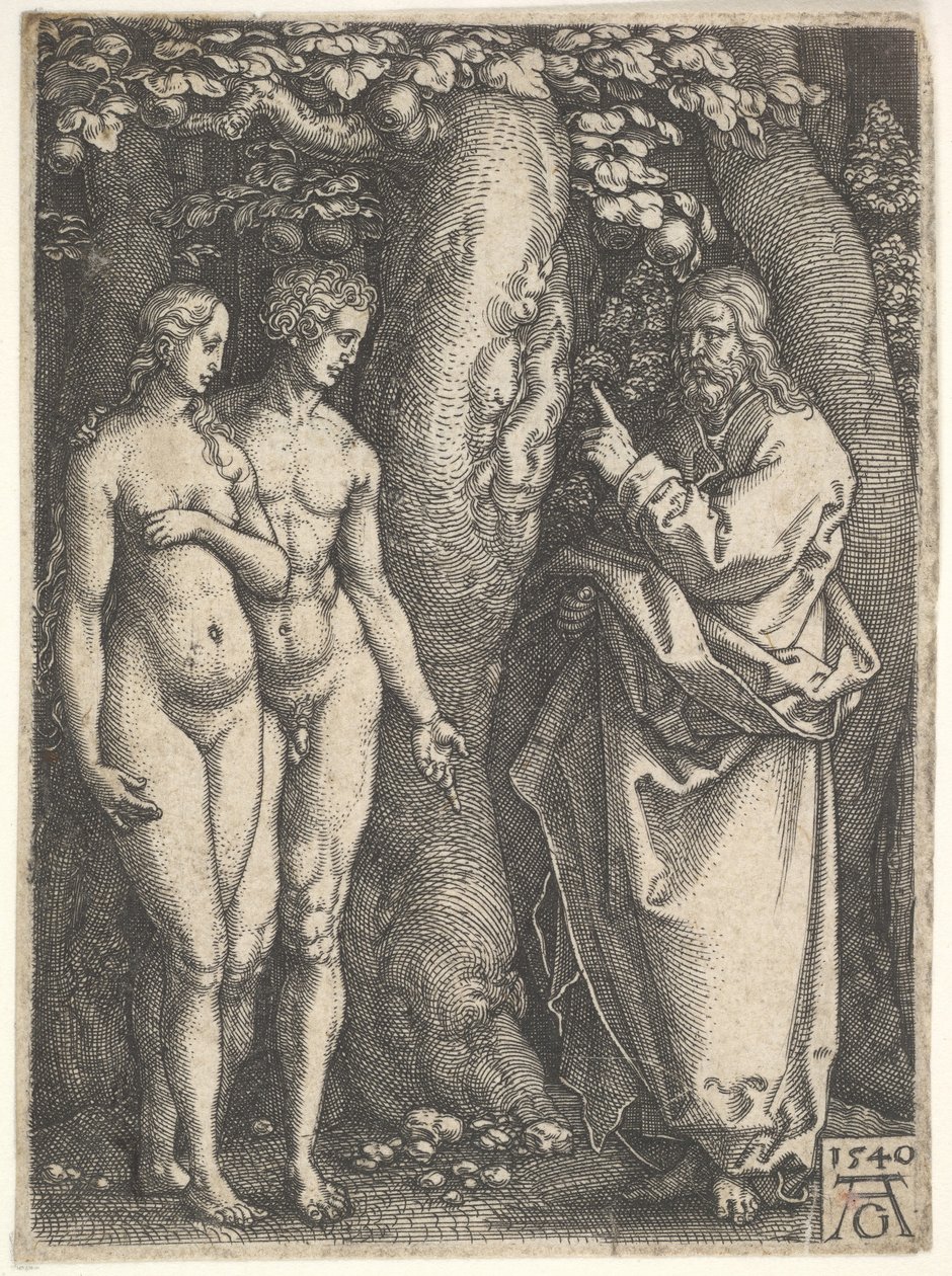 Dieu à droite interdisant à Adam et Ève nus à gauche de manger de l
