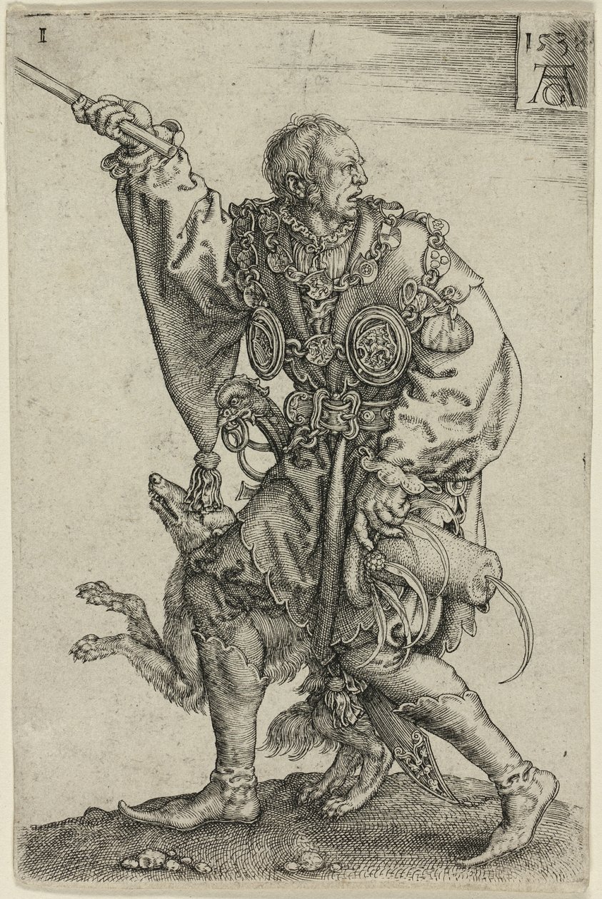 Maître de cérémonie avec un chien, planche une des grands danseurs de mariage - Heinrich Aldegrever