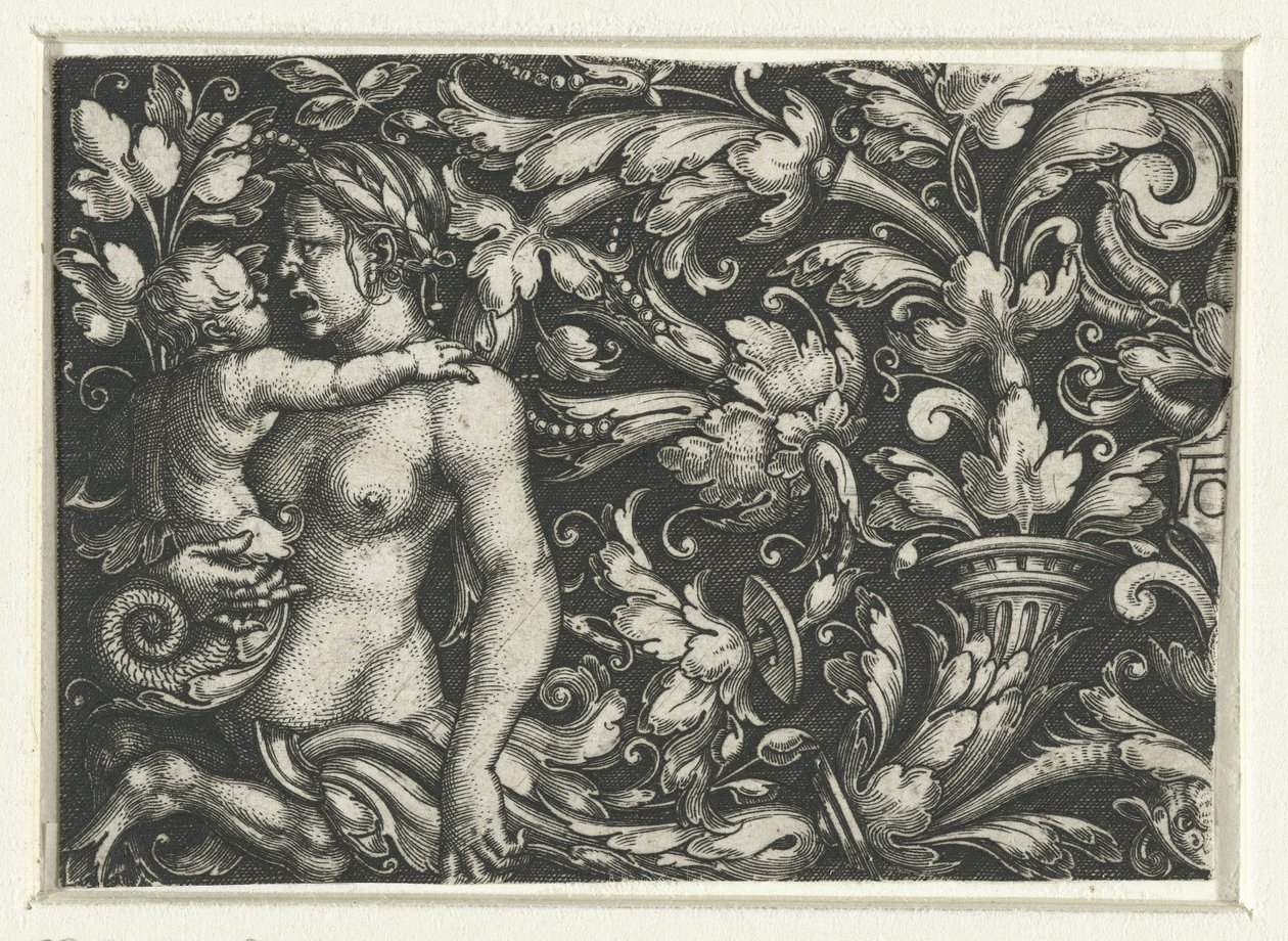 Ornement avec des rinceaux et une triton femelle avec un enfant - Heinrich Aldegrever