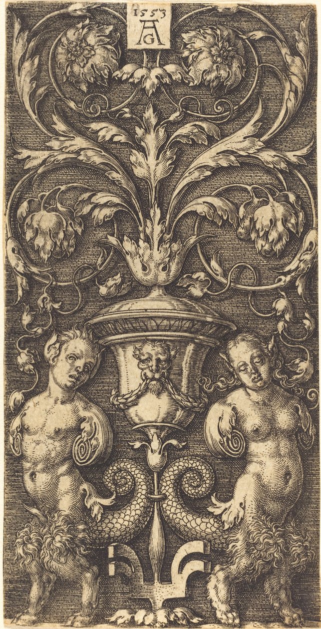 Ornement avec vase et deux figures féminines, 1553 - Heinrich Aldegrever