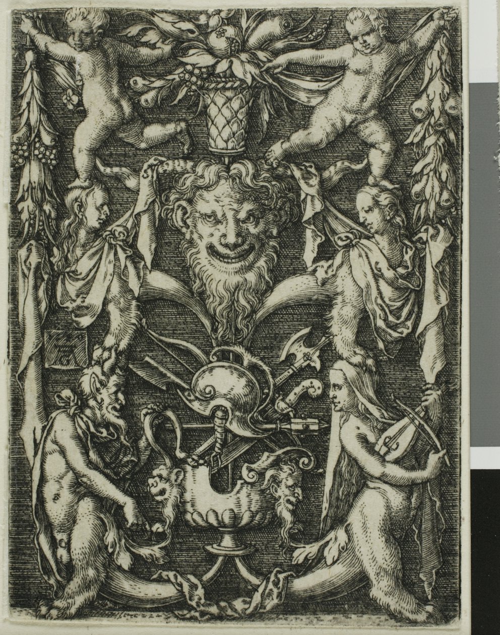 Motif ornemental avec un couple de satyres, des enfants et un trophée - Heinrich Aldegrever
