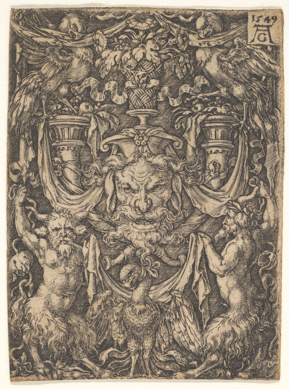 Design ornemental avec un masque et un aigle entre deux faunes en bas, 1549 - Heinrich Aldegrever