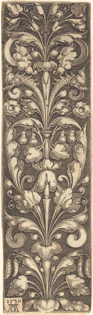 Branche de feuillage ornemental avec deux masques et deux dauphins - Heinrich Aldegrever