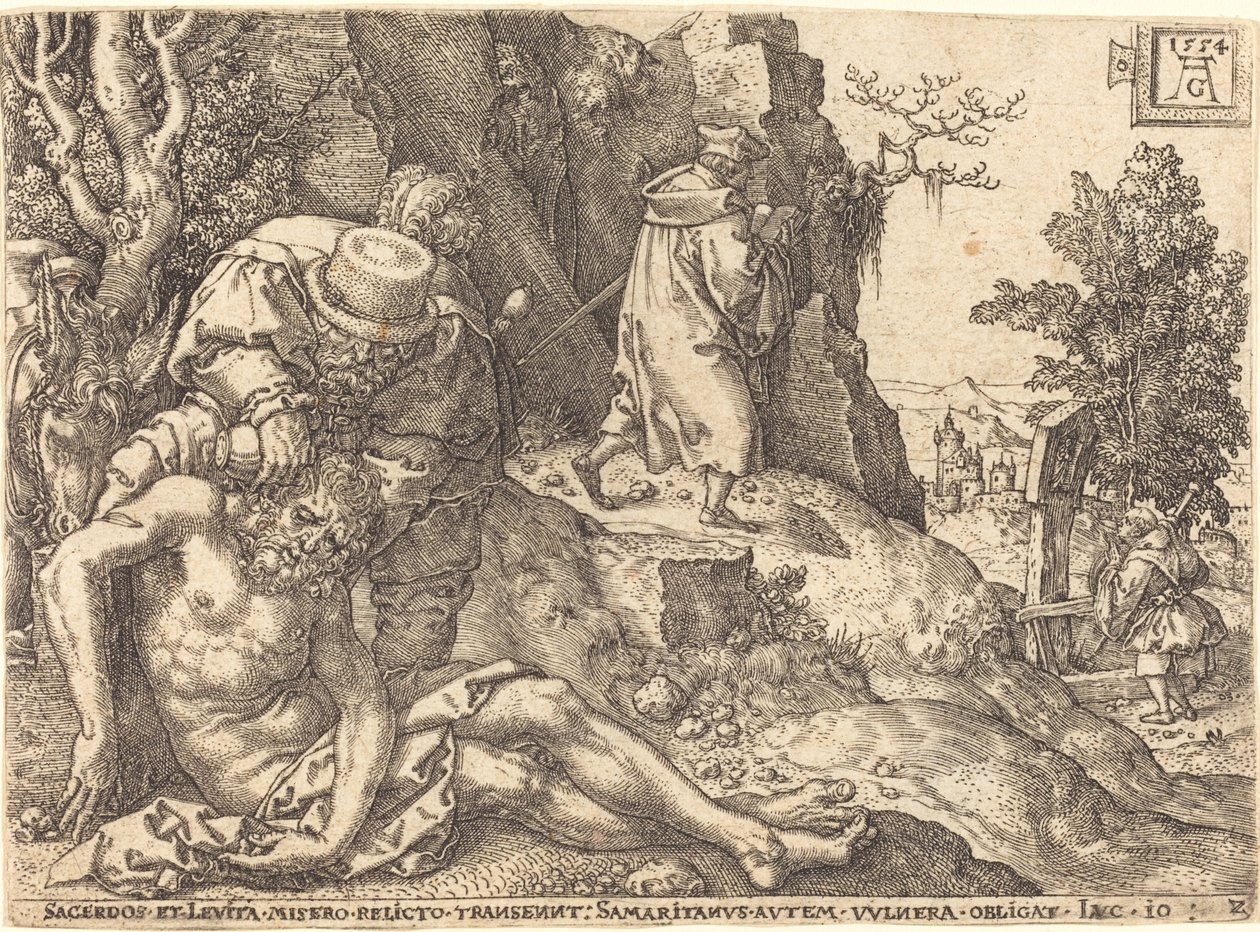 Le Bon Samaritain soignant le voyageur, 1554 - Heinrich Aldegrever