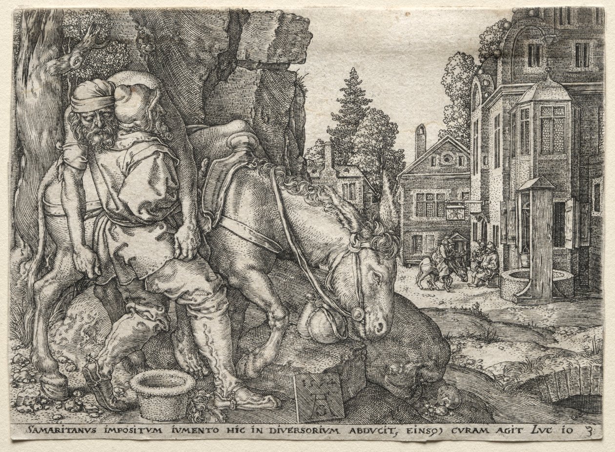 La parabole du bon Samaritain : Le bon Samaritain mettant le voyageur sur son âne, 1554 - Heinrich Aldegrever