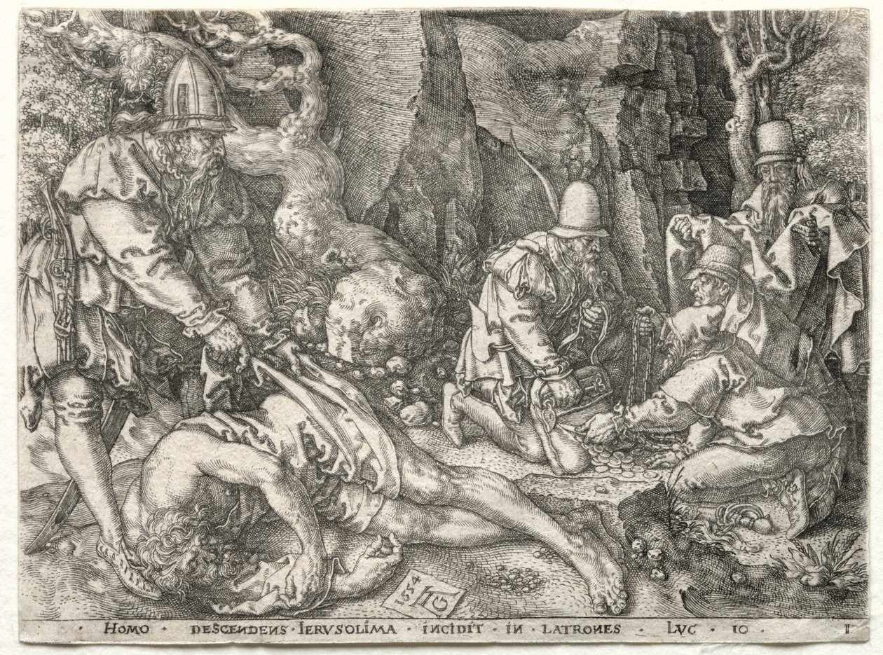 La parabole du bon Samaritain : Les voleurs attaquant les voyageurs - Heinrich Aldegrever