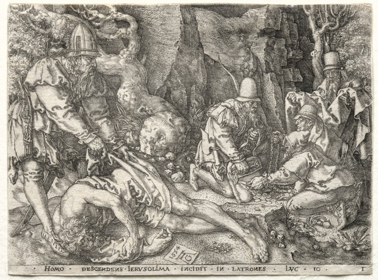 La parabole du bon Samaritain : Les voleurs attaquant les voyageurs - Heinrich Aldegrever