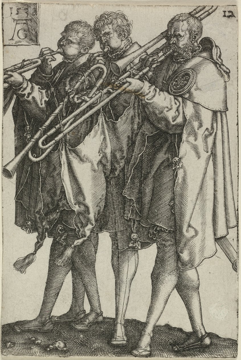 Trois trombonistes, planche douze de Les grands danseurs de mariage - Heinrich Aldegrever