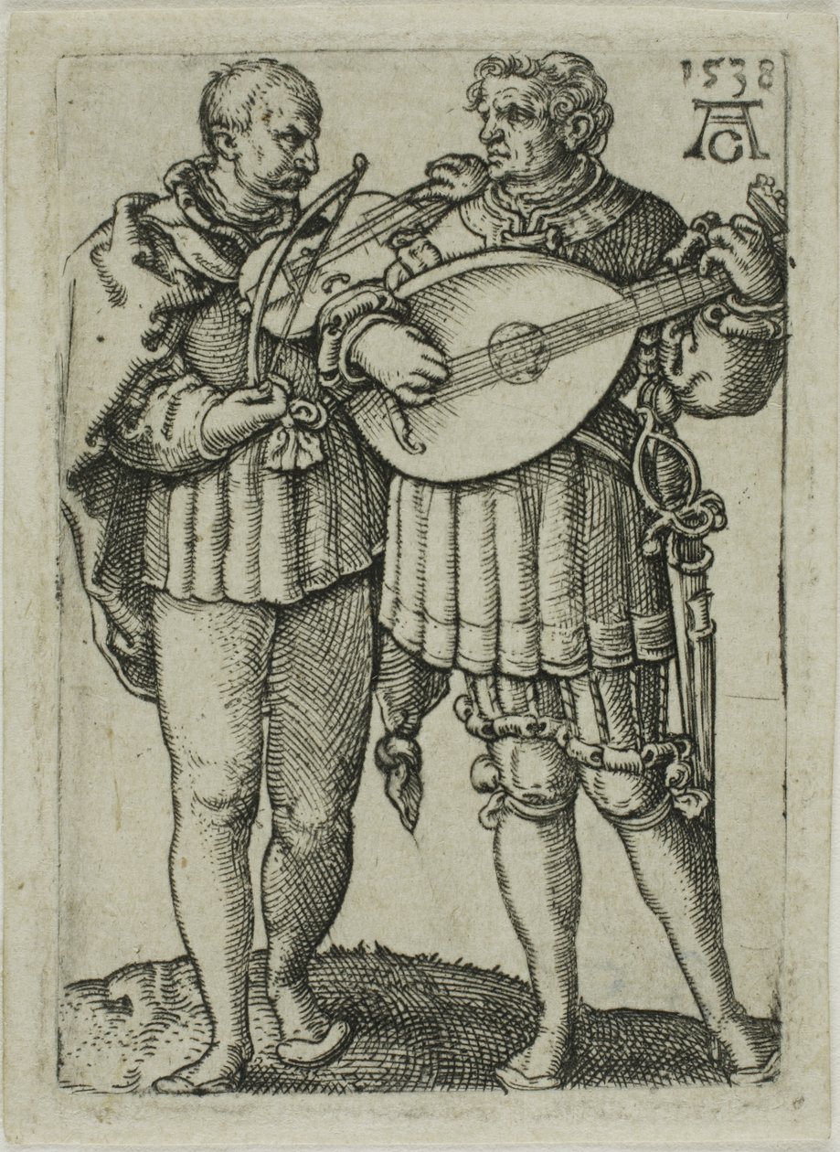 Deux musiciens jouant du violon et du luth, planche une des Petits danseurs de mariage - Heinrich Aldegrever