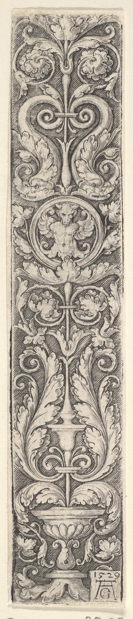 Panneau vertical avec un candélabre contenant un médaillon avec un centaure et une paire de dauphins, 1529 - Heinrich Aldegrever