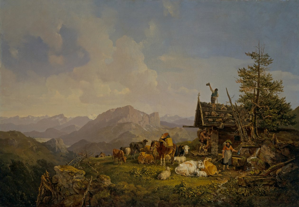 Paysage en Oberbayern avec des bergers et leurs troupeaux se reposant près d