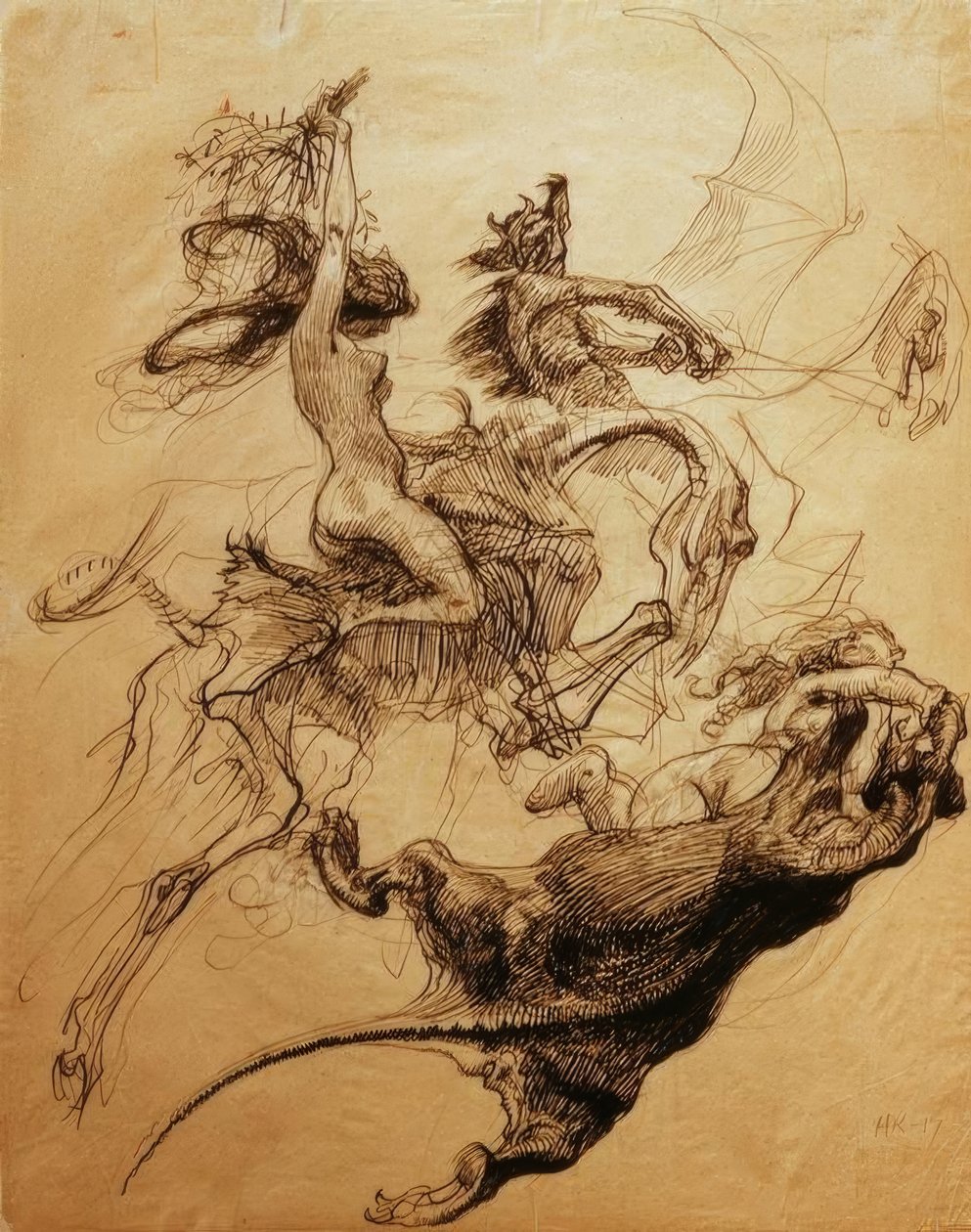 Femme nue chevauchant un squelette et diable sur ptérodactyle - Heinrich Kley