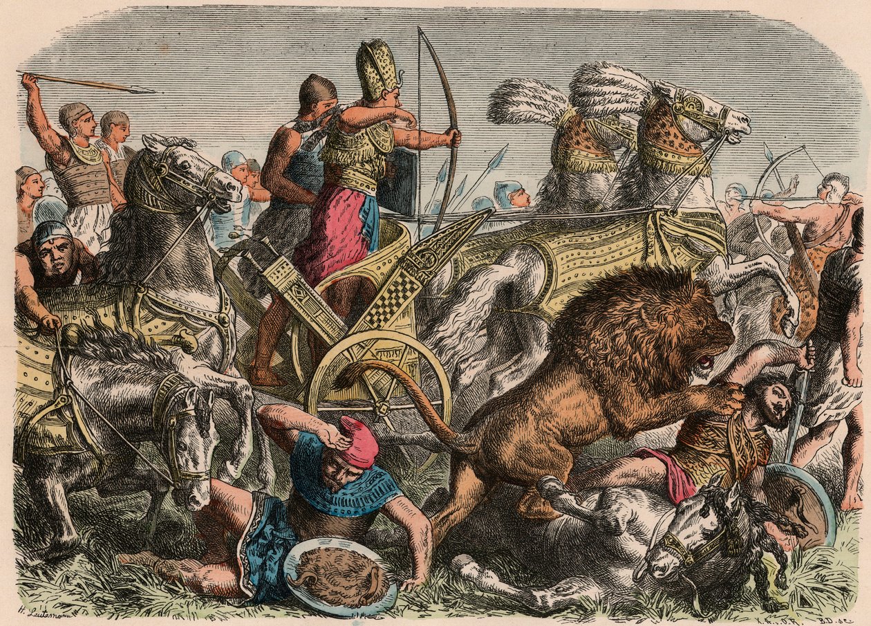 Égypte ancienne : Pharaon Ramsès II combattant les lions de guerre de l