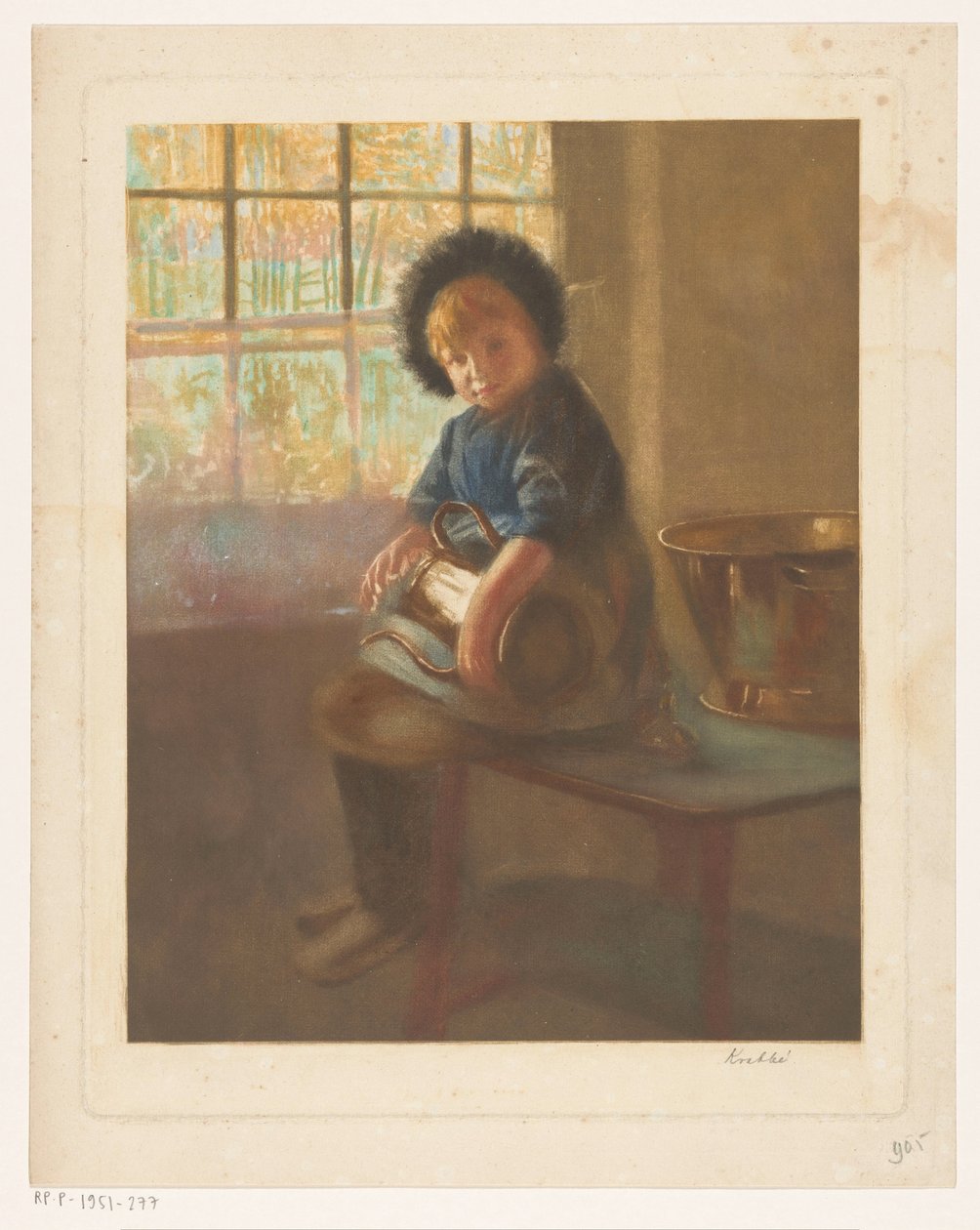 Fille polissant une cruche en cuivre - Heinrich M. Krabbé (signed by artist)